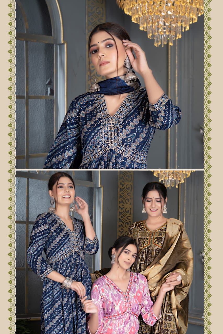 Heena Vol 2 By Mystic 9 Rayon Printed Embroidery Kurti With Bottom Dupatta Wholesale Shop In Surat